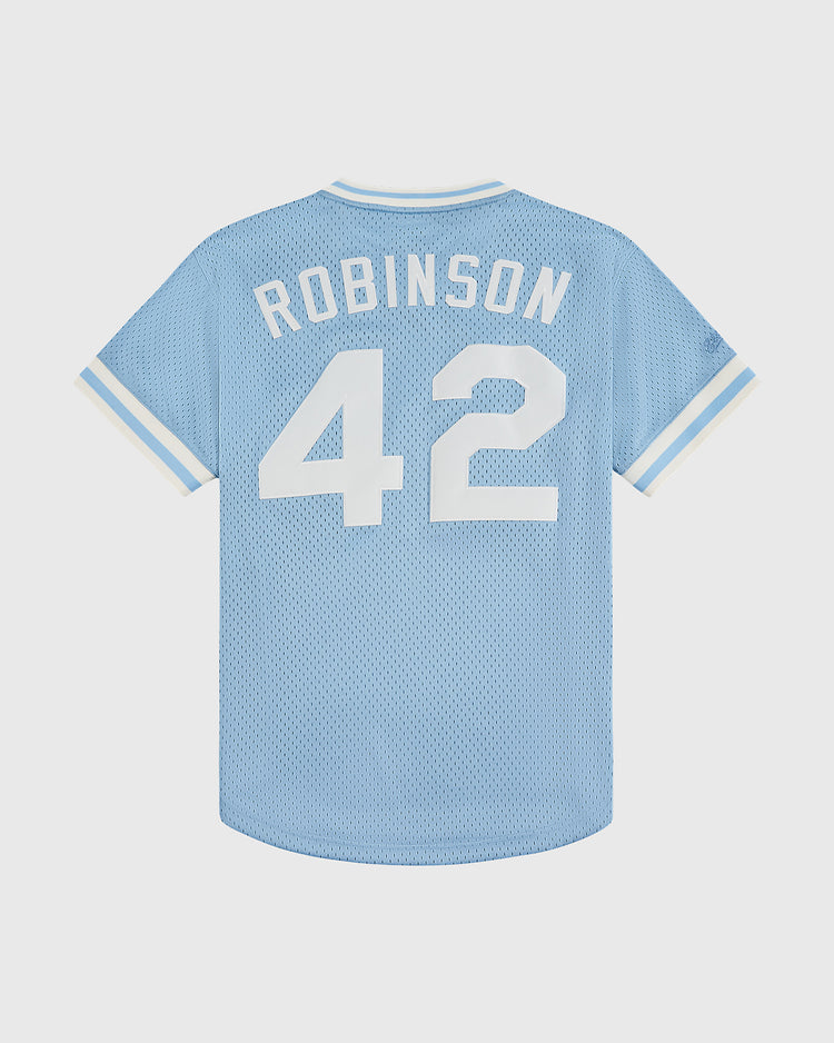The Ebbets Field Jackie Robinson Powder Blue V-Neck Mesh Jersey features white and light blue trim, with 
