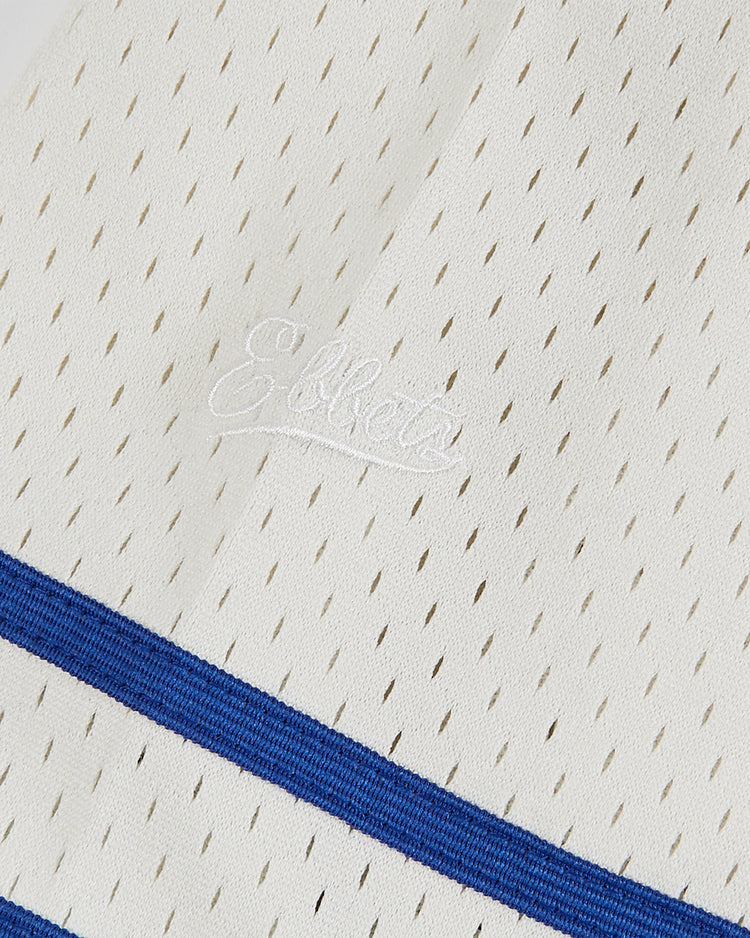 Close-up of white mesh fabric with small perforations, two horizontal blue stripes, and 
