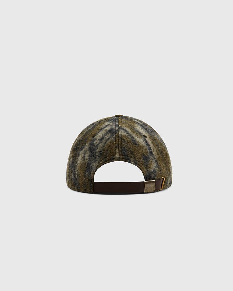The image shows the back of the Ebbets Field Mossy Oak x Sioux City Ghosts Ballcap in Mossy Oak Bottomland camo, with a brown adjustable strap and gold buckle, set against a plain light gray background.