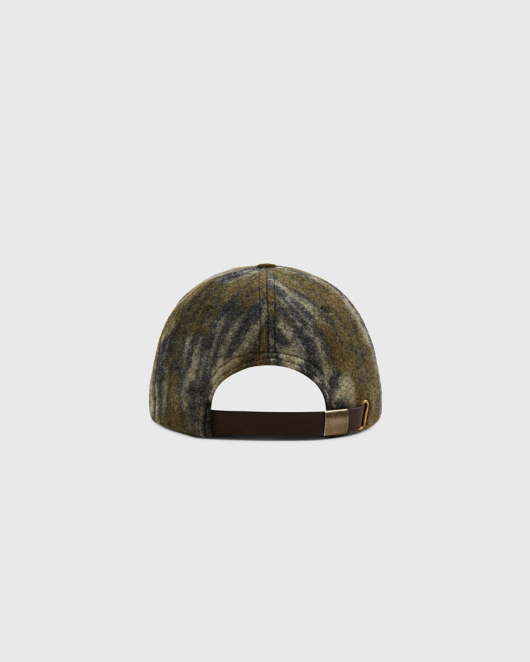 A back view of the Ebbets Field Mossy Oak x Ebbets Field 1935 Brooklyn Eagles Ballcap, featuring Mossy Oak Bottomland camo and a brown adjustable strap with buckle, set against a plain white background.