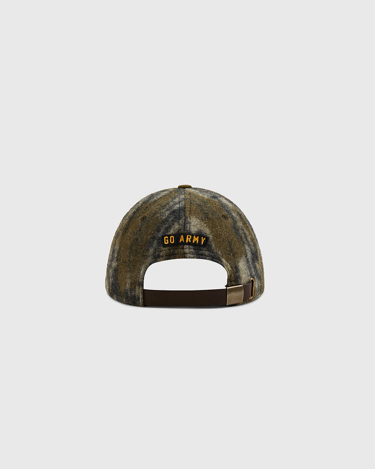 The Ebbets Field Mossy Oak x Ebbets Field 1957 Army Ballcap features Bottomland camo, GO ARMY embroidered in yellow above an adjustable brown strap and buckle, echoing the classic style of the 1957 Army ballcap.