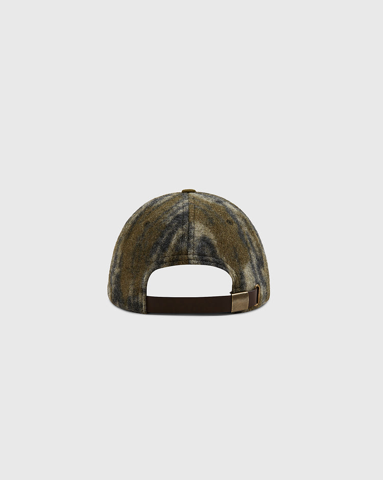 The Ebbets Field Mossy Oak x Ebbets Field Blank Ballcap is shown from the back, highlighting its Bottomland camo pattern and brown adjustable strap with a metal buckle, set against a plain light gray background.