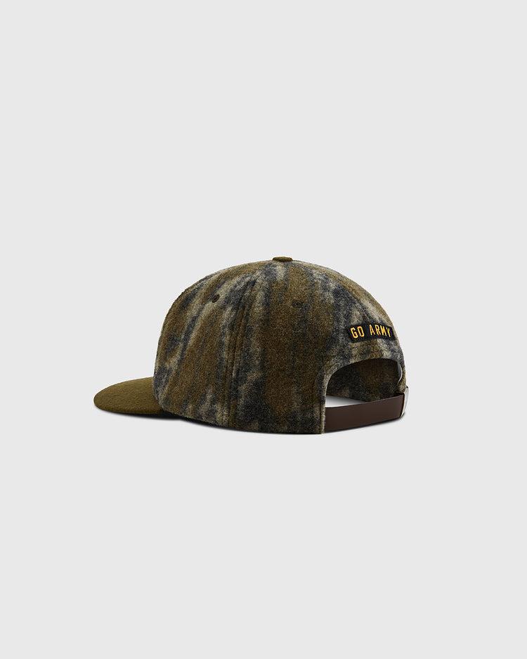 The Ebbets Field Mossy Oak x Ebbets Field 1957 Army Ballcap is shown from the back, featuring a Mossy Oak Bottomland camo pattern with 