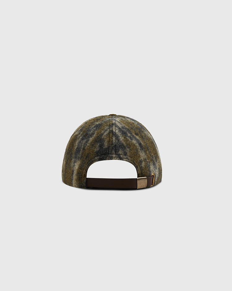 Back view of the Mossy Oak x Ebbets Field New York Knights Ballcap in mottled brown and gray, featuring a Bottomland camo pattern, adjustable brown strap with metal buckle, by Ebbets Field, shown on a plain light gray background.