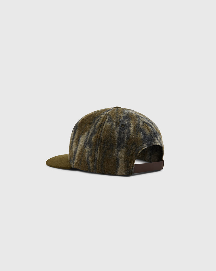 A back view of the Ebbets Field Mossy Oak x Ebbets Field New York Knights Ballcap in Bottomland camo, featuring an adjustable strap, shown against a plain light gray background.