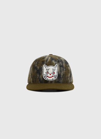 The Ebbets Field Mossy Oak x 1961 Kansas City Katz Ballcap features Mossy Oak Bottomland camo and an embroidered white cat face with red eyes and mouth, set against a plain light gray background.