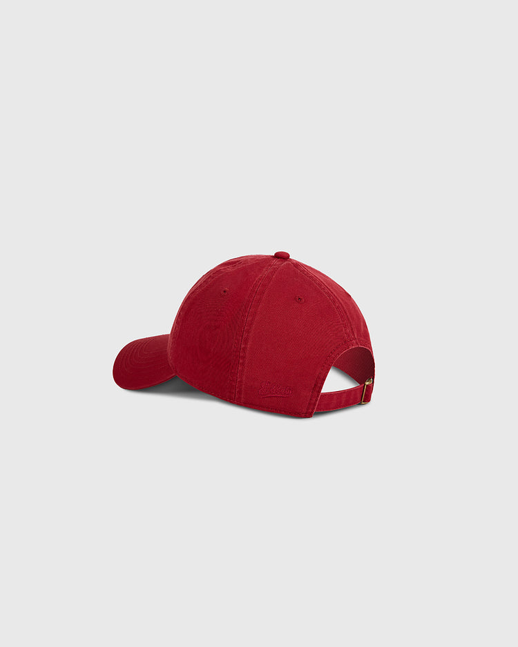 The Ebbets Field Los Angeles Lincoln Park Roller Skating Rink Washed Cotton Ballcap features a red vintage look, adjustable strap with metal clasp, and curved brim—displayed from the back on a light gray background.