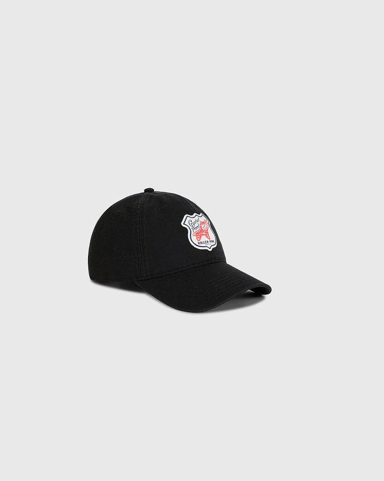 The Ebbets Field Seattle Crystal Pool Roller Rink Washed Cotton Ballcap is a black vintage-style hat with a white and red embroidered patch featuring a shield and animal graphic, inspired by classic Seattle roller rink designs.