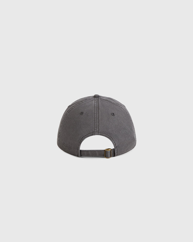 The Ebbets Field Fordham Bronx Roller Rink Washed Cotton Ballcap, shown from the back, features an adjustable strap with a metal buckle and a small opening above it. Its classic style stands out against the plain background—ideal for vintage roller skating fans.
