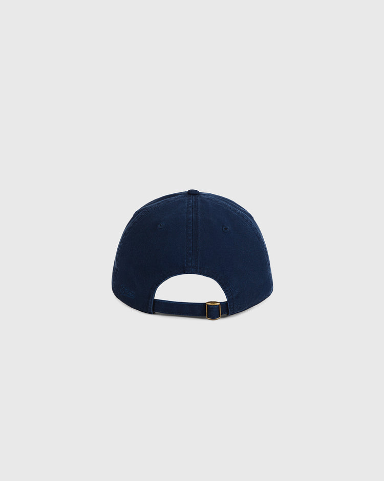 The Ebbets Field Chicago New Planet Roller Rink Washed Cotton Ballcap in navy blue is pictured from the back, displaying its adjustable strap with a metal buckle against a plain light gray background.