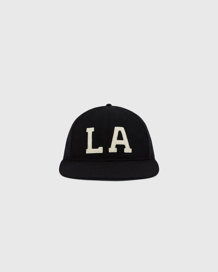 The EFF Los Angeles (PCL) 1949 Authentic Wool Ballcap in black features large white embroidered LA letters on the front and is shown against a plain light gray background.
