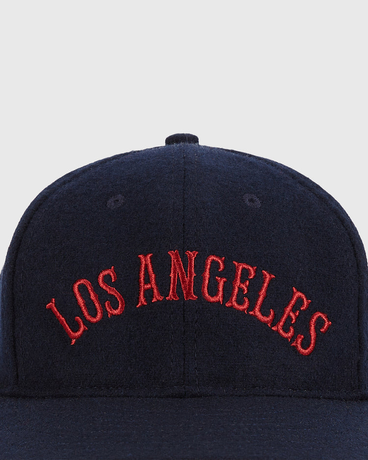 The Ebbets Field Los Angeles City Series Wool Ballcap is navy blue with 