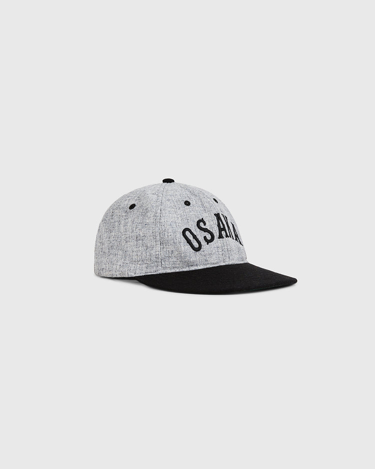 The Osaka City Series Wool Ballcap by Ebbets Field features a gray crown, black brim, and black 
