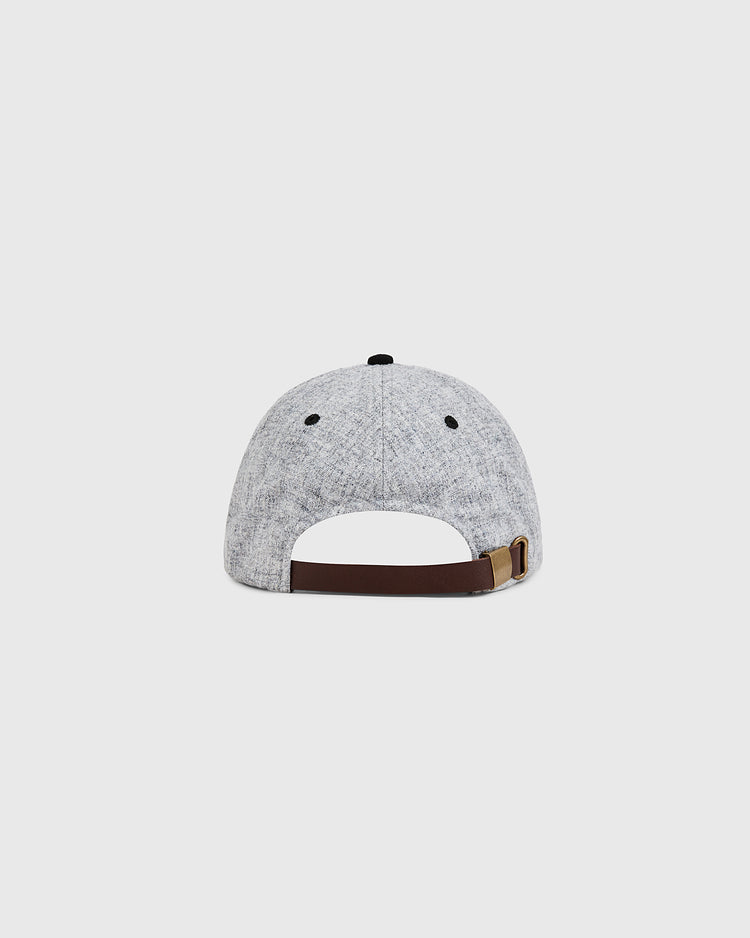 The Ebbets Field Osaka City Series Wool Ballcap is shown from the back on a plain white background, featuring gray fabric, a brown adjustable strap with a metal buckle, and a small button on top.