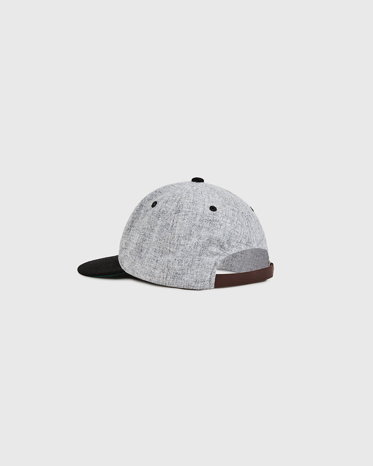 The Ebbets Field Osaka City Series Wool Ballcap features a gray body, black brim, and brown adjustable strap, showcased against a plain light background.