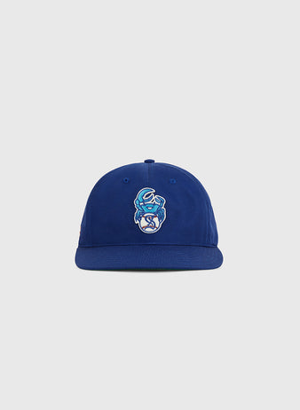 The Ebbets Field Santurce Cangrejeros Crab Cotton Twill Ballcap is royal blue with a flat brim and features an embroidered crab mascot, displayed against a plain light gray background.