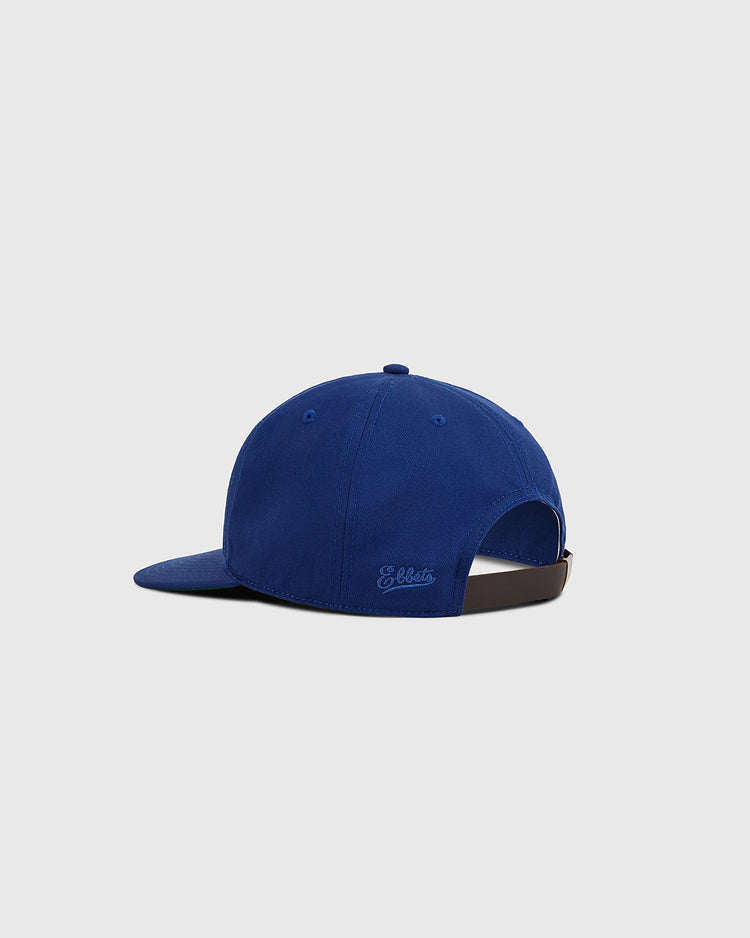 The Ebbets Field Santurce Cangrejeros Crab Cotton Twill Ballcap is shown from the back, highlighting a fabric strap with metal buckle and subtle embroidered text. This blue cap honors Puerto Rican baseball. Background is plain light gray.