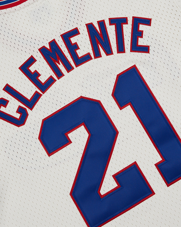 Close-up of a white mesh Ebbets Field Puerto Rico 1972 National Team V-Neck Jersey with 