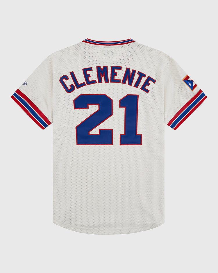 The Ebbets Field Puerto Rico 1972 National Team Mesh V-Neck Jersey features white mesh, red/blue/white striped sleeves, 