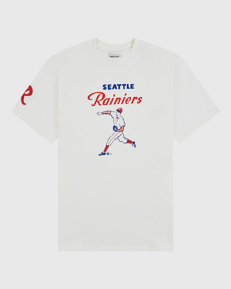 The Seattle Rainiers Short Sleeve Graphic Tee by Ebbets Field features an illustrated baseball pitcher, 