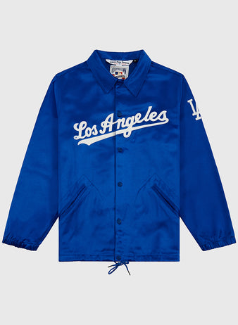 The EFF Los Angeles Dodgers 1962 Satin Windbreaker Jacket features royal blue satin, 