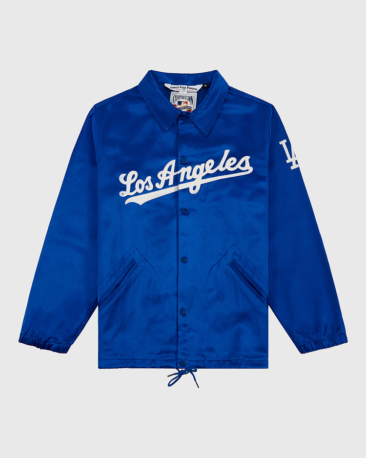 The EFF Los Angeles Dodgers 1962 Satin Windbreaker Jacket features royal blue satin, 