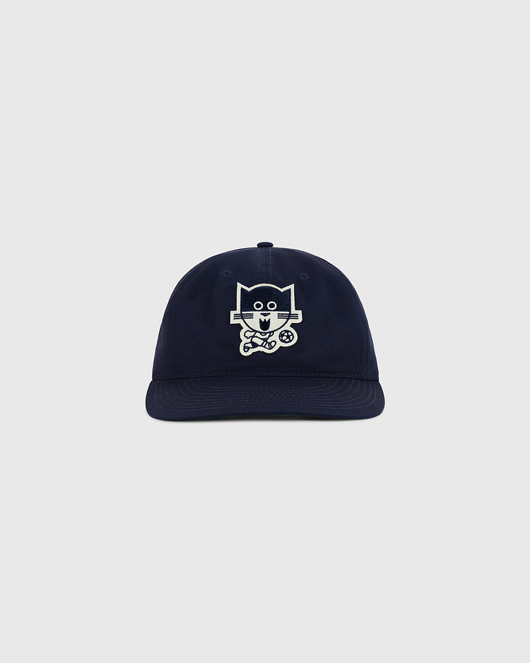 The Ebbets Field Chicago Cats Cotton Twill Ballcap in navy features a white embroidered cartoon robot with a wrench and wheel on the front, shown on a plain light gray background.