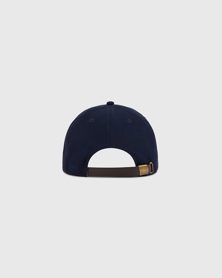 The Ebbets Field Chicago Cats Cotton Twill Ballcap in navy blue is shown from the back, featuring an adjustable brown strap with a brass buckle against a plain light gray background.