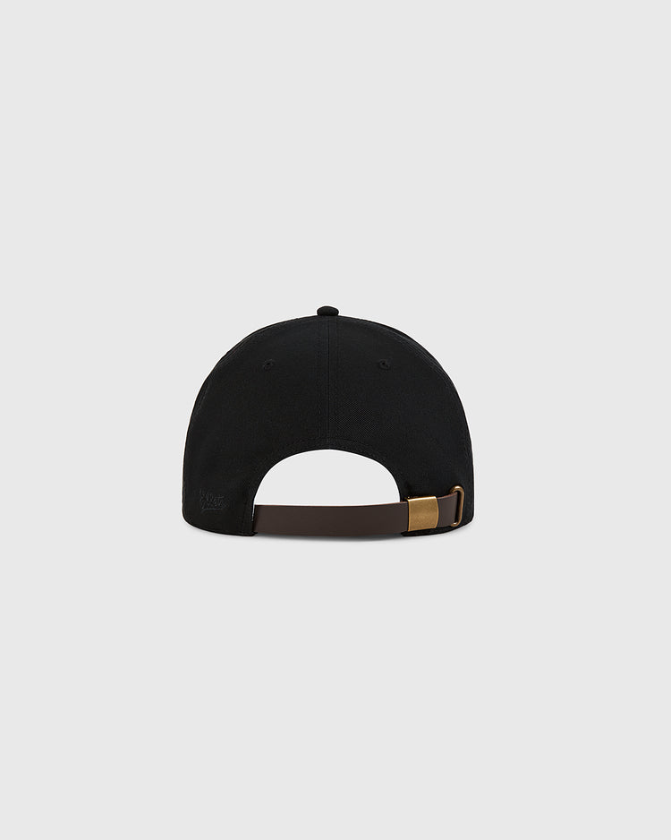 The Ebbets Field Los Angeles Aztecs Cotton Twill Ballcap, shown from the back, features an adjustable brown strap with a metallic buckle and is inspired by classic North American Soccer League style on a light gray background.