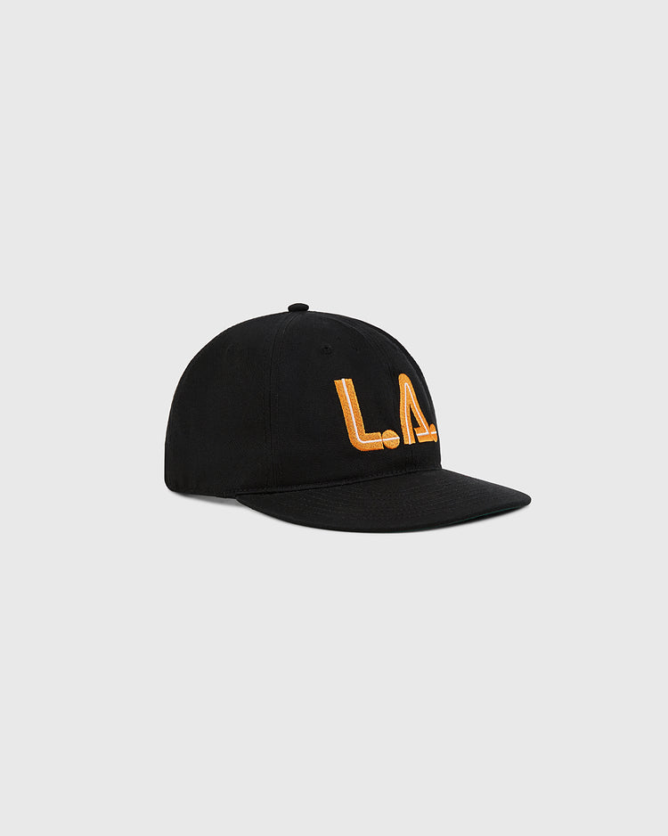 The Ebbets Field Los Angeles Aztecs Cotton Twill Ballcap is black and features bold yellow-orange 