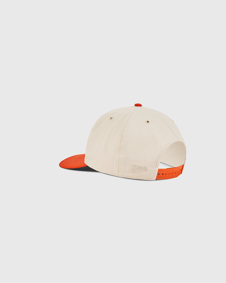 The Ebbets Field Los Angeles Aztecs A-Frame Cotton Twill Ballcap is shown from the back on a plain white background. This structured snapback features an adjustable closure and a slightly curved orange brim.