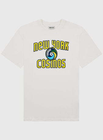 The Ebbets Field New York Cosmos Short Sleeve Graphic T-Shirt features a vibrant circular team logo and bold yellow text—an essential vintage soccer tee for any fan.