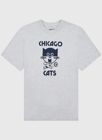 The Chicago Cats Short Sleeve Graphic T-Shirt by Ebbets Field features a heather gray vintage soccer design with a cartoon cat playing soccer and 