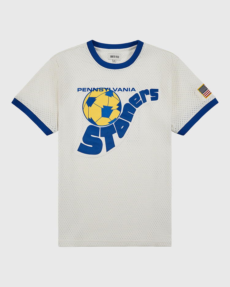 The Ebbets Field Pennsylvania Stoners Mesh Soccer Jersey is a white mesh top with blue trim, decorated with a yellow and blue soccer ball graphic, team text, an American flag patch, and classic ASL champion details.