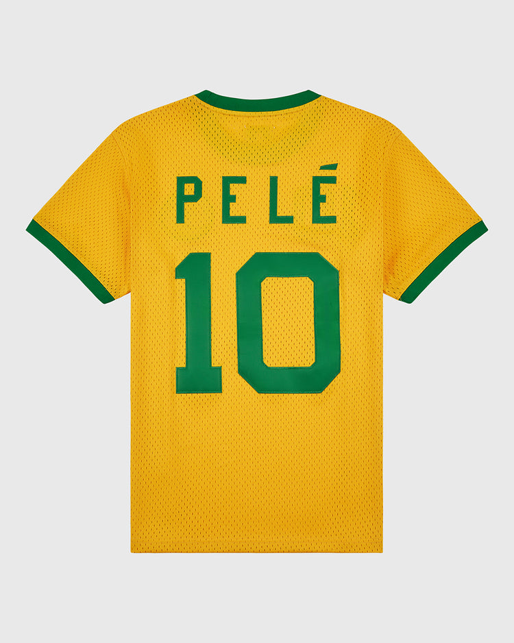 The Ebbets Field New York Cosmos Soccer Mesh Jersey features yellow fabric with green trim, showcasing PELÉ and the number 10 in green on the back, celebrating his legendary era with American soccer's New York Cosmos.