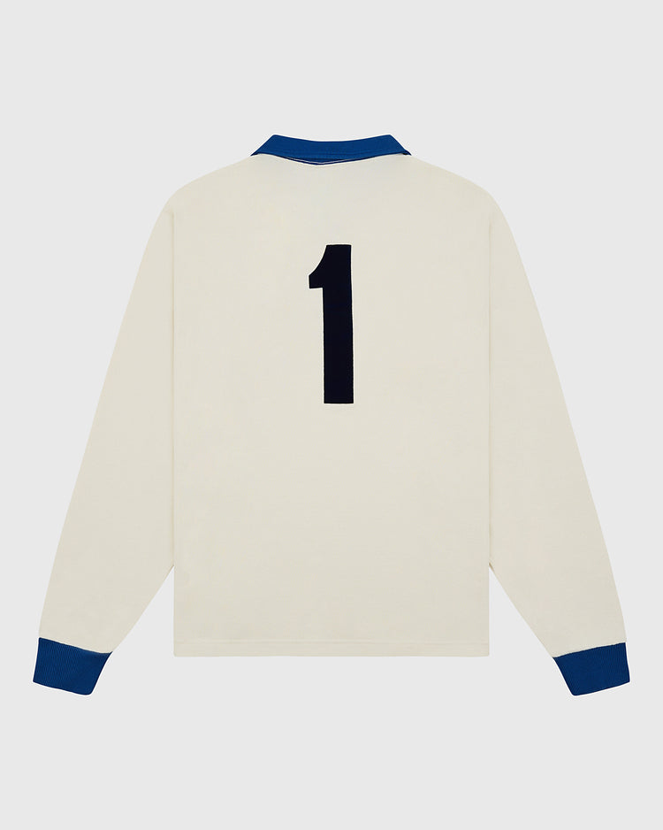 The Ebbets Field Pennsylvania Stoner Vintage Soccer Goalie Jersey is a white collared long sleeve jersey with blue cuffs and collar, highlighted by a bold black number 1 on the back.