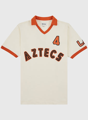 The Los Angeles Aztecs Vintage Collar Soccer Jersey by Ebbets Field features a cream cotton design with red-trimmed collar and sleeves, bold red-and-black 