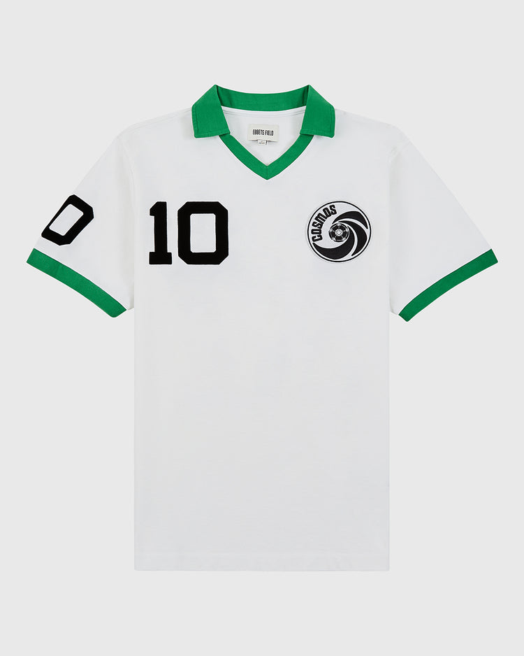 The Ebbets Field New York Cosmos Vintage Collar Soccer Jersey features white cotton, green collar and sleeve trim, black number 10 on front and left sleeve, plus a black-and-white Cosmos logo—a true Pelé tribute.