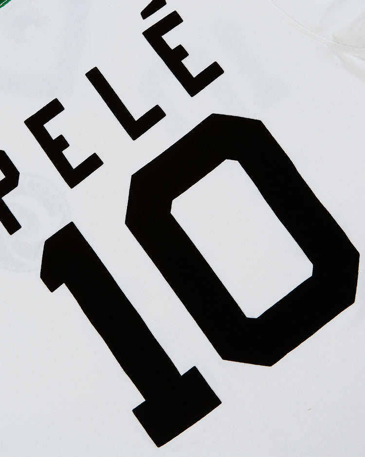 Close-up of the back of the Ebbets Field New York Cosmos Vintage Collar Soccer Jersey, showcasing “PELÉ” and the number 10 in bold black—iconic nods to Pelé’s era with the legendary team.