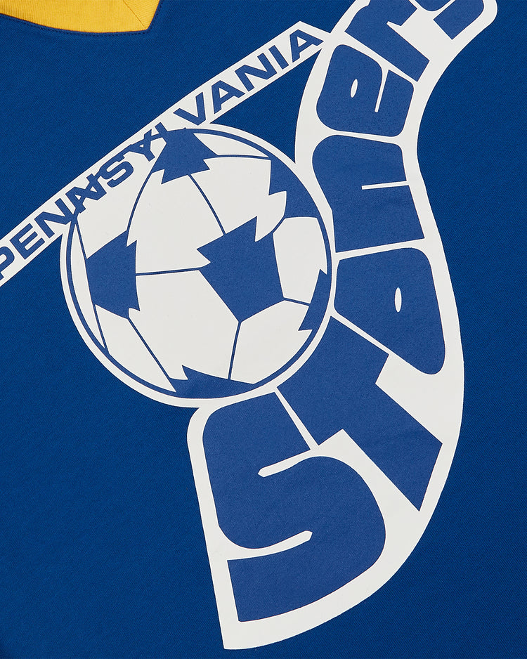 The Ebbets Field Pennsylvania Stoners Vintage Collar Soccer Jersey features blue and yellow cotton, a retro soccer ball screen print, and bold “Pennsylvania Stoners” text in white and blue.