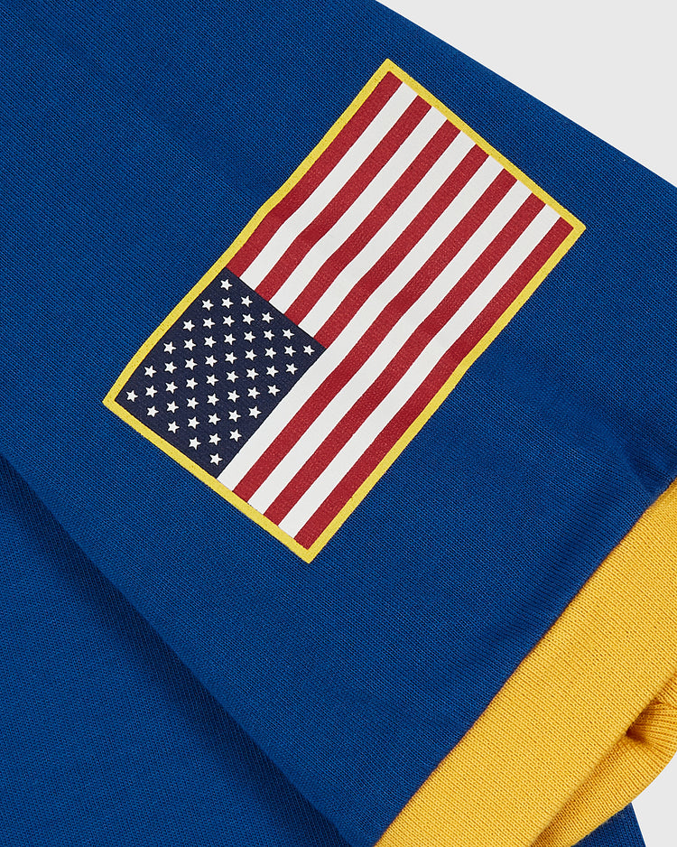 A close-up of the Ebbets Field Pennsylvania Stoners Vintage Collar Soccer Jersey shows a blue cotton collar with yellow edging and an upside-down American flag patch outlined in yellow, giving a retro screen-printed look.