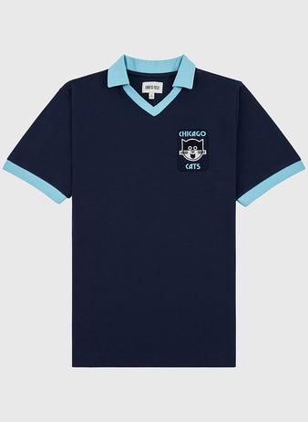The Ebbets Field Chicago Cats Vintage Collar Soccer Jersey features navy cotton with light blue collar and sleeve cuffs, a cartoon cat, and 