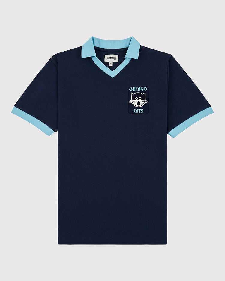 The Ebbets Field Chicago Cats Vintage Collar Soccer Jersey features navy cotton with light blue collar and sleeve cuffs, a cartoon cat, and 
