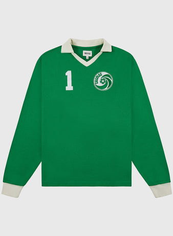 The Ebbets Field New York Cosmos Vintage Soccer Goalie Jersey features a green body, cream collar and cuffs, a white number 1, and the classic circular NYCosmos logo—evoking the iconic Shep Messing look.
