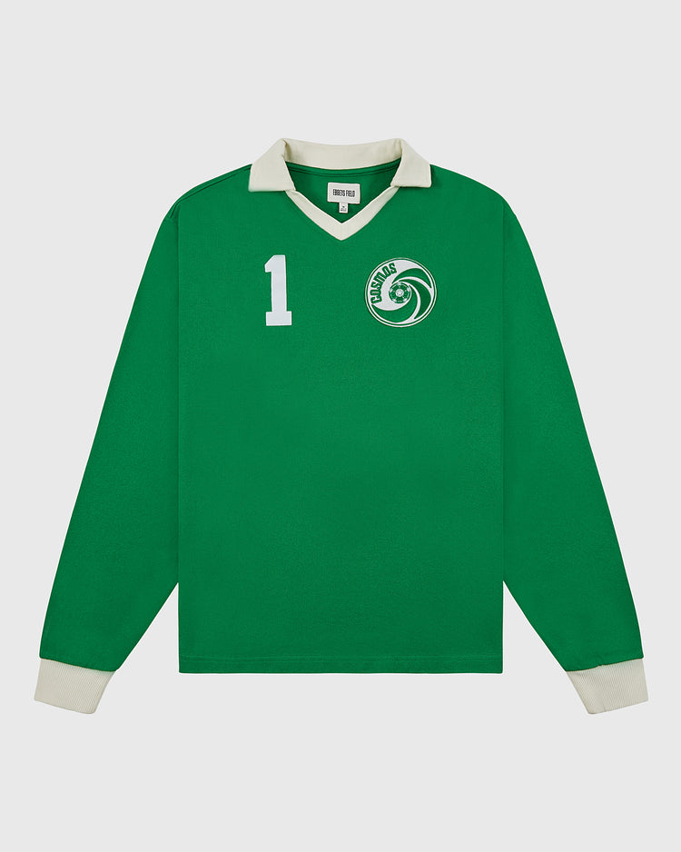 The Ebbets Field New York Cosmos Vintage Soccer Goalie Jersey features a green body, cream collar and cuffs, a white number 1, and the classic circular NYCosmos logo—evoking the iconic Shep Messing look.