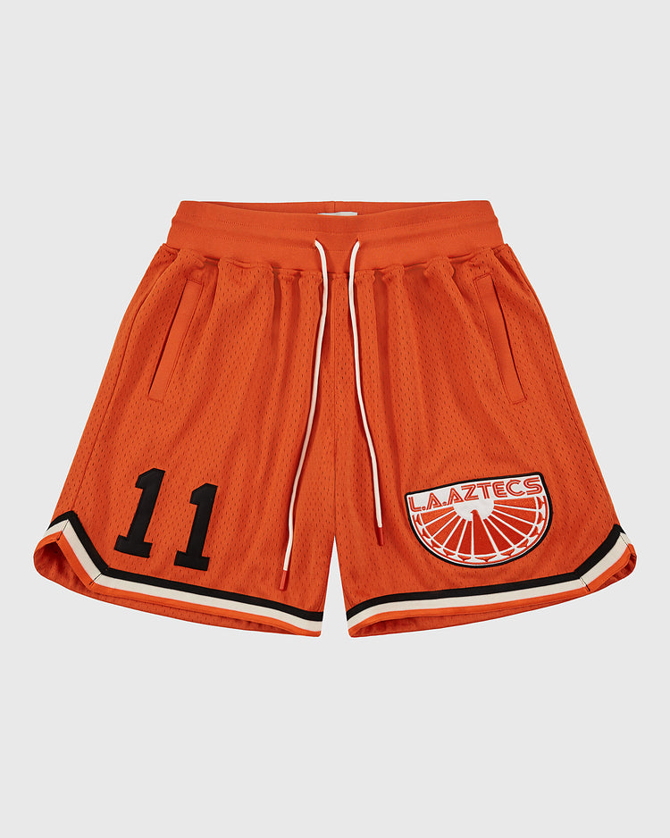 Ebbets Field Los Angeles Aztecs Mesh Soccer Shorts feature bright orange mesh, an elastic waistband, white drawstrings, black 