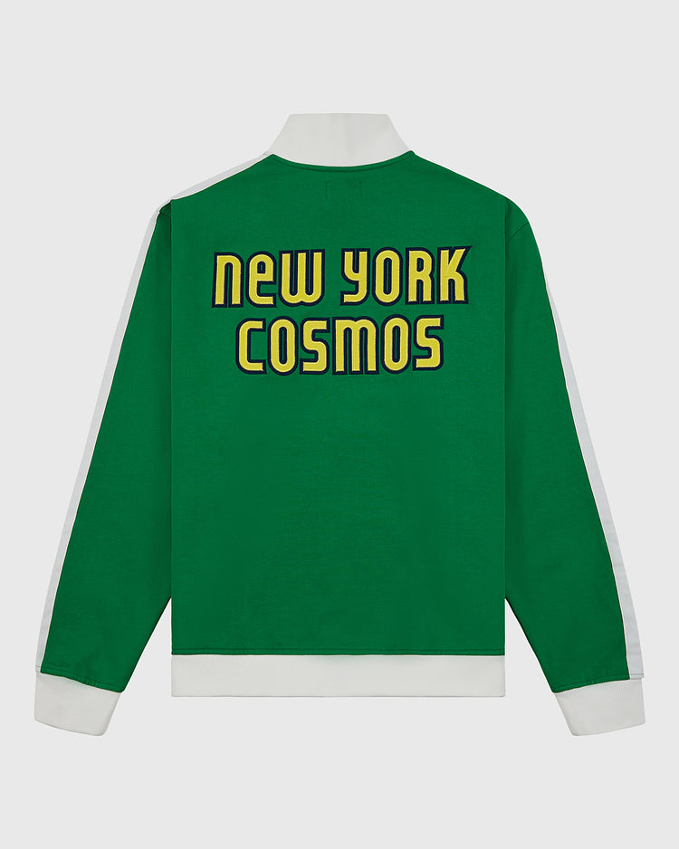 The Ebbets Field New York Cosmos Soccer Warm Up Jacket features green fabric, a white collar, cuffs, and stripes, plus bold yellow and black 