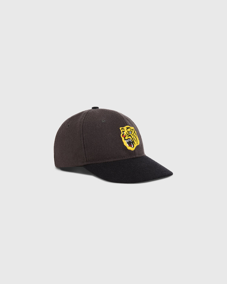 The Ebbets Field Osaka Tigers 1940 Wool Ballcap in youth size features a dark design with a black brim and an embroidered yellow and black tiger head logo on the front, shown against a plain light background.