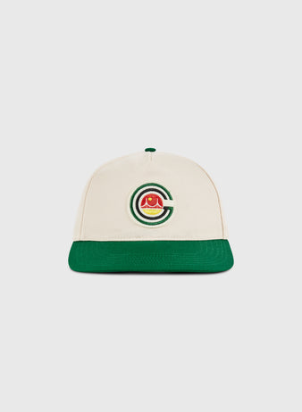 The Ebbets Field San Francisco Golden Gate Gales A-Frame Cotton Twill Ballcap features a cream structure, green brim, and embroidered 
