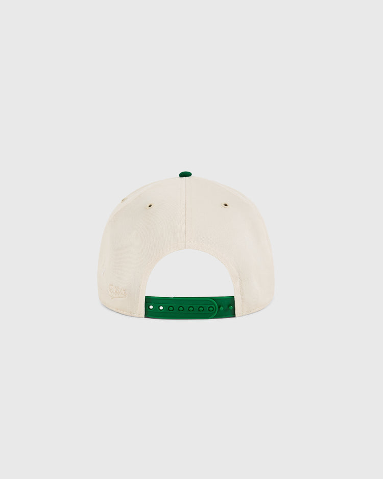 The Ebbets Field San Francisco Golden Gate Gales A-Frame Cotton Twill Ballcap is shown from the back, with a beige structured design, green retro snapback closure, small ventilation eyelets, and a plain light background.